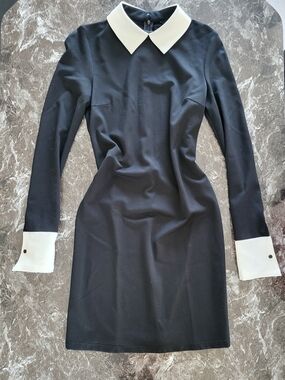 Coco Bella S Classic Black Long-Sleeve Midi Dress White Collar and Cuffs Formal